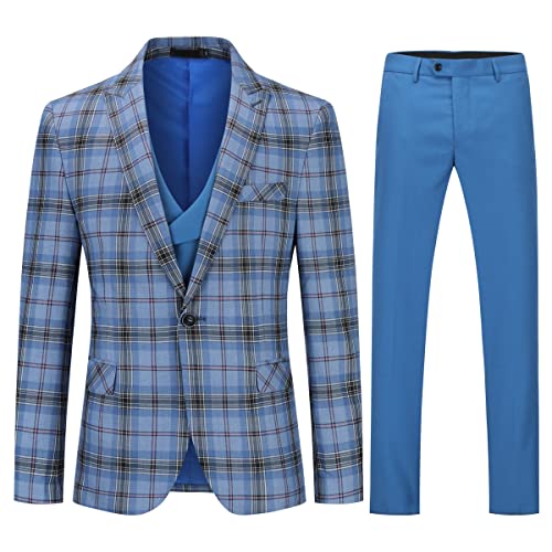 Men's Plaid Modern Fit 3-Piece Suit Blazer Jacket Tux Vest & Trousers Royal Blue